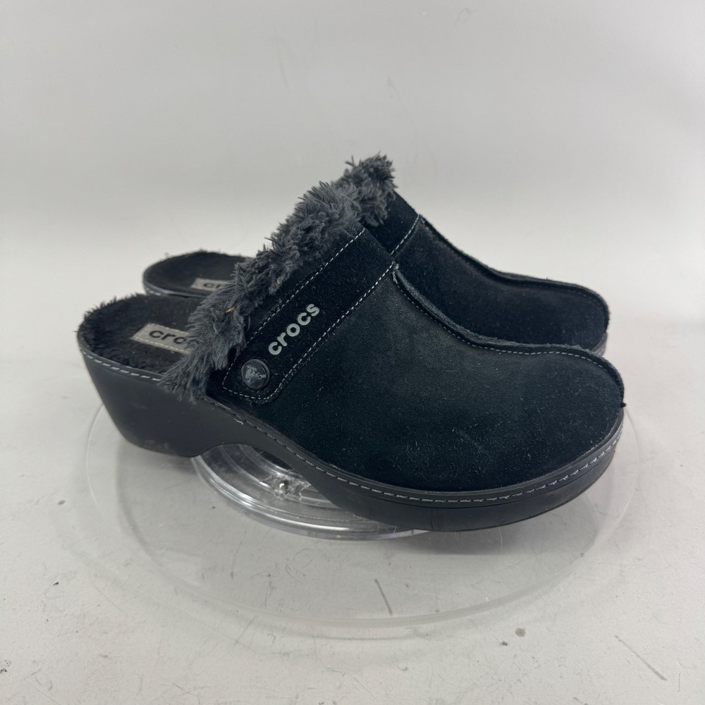 Crocs Womens Gretel Suede Faux Fur Lined Clog Mules Black Size 10